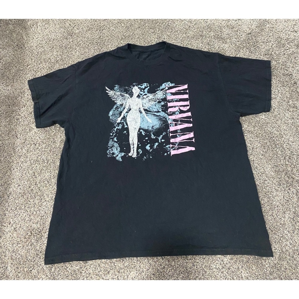 Nirvana T-Shirt Mens XL Black Excellent In Utero Angel Graphic Grunge Rock Tee